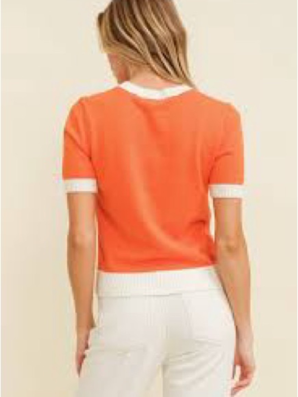 New Splendid Coral peach orange Short-Sleeve Crew with Cream Trim S fits like M